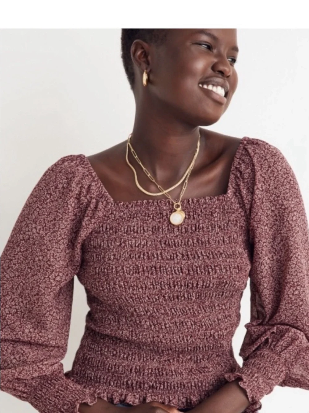 Madewell Lucie Smocked Square-Neck Long Sleeve Top in Dusty Mauve-xs
